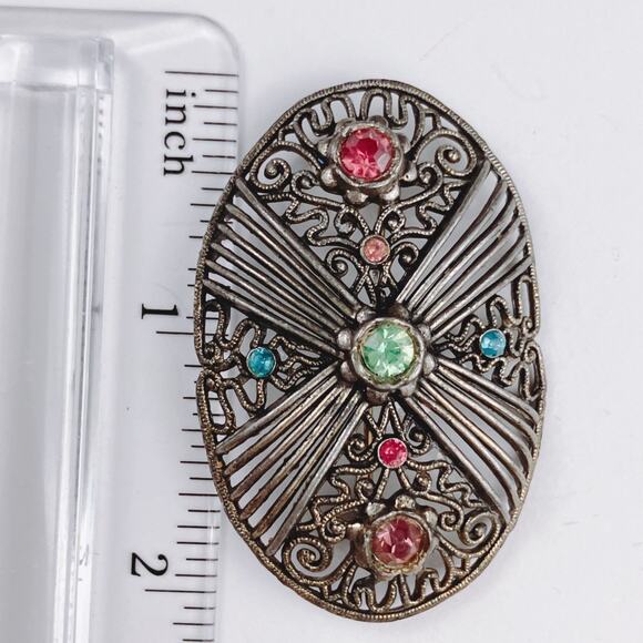 Antique Edwardian Uranium Glass Brooch Filigree 1910s Art Deco Transition VTG - Picture 7 of 10